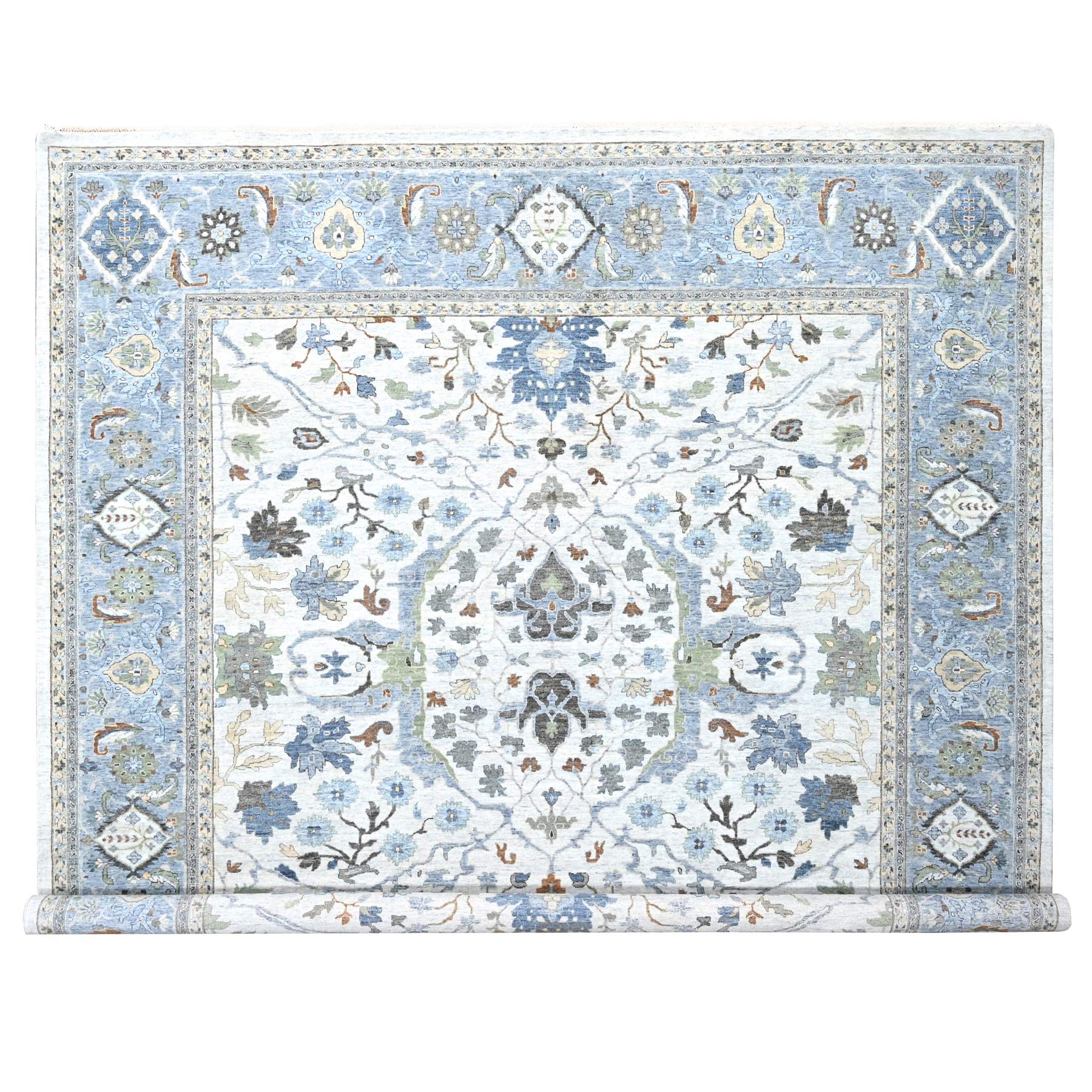 Chiffon White, Hand Knotted, Denser Weave, Oushak with Floral Motifs, Soft Pile, Pure Wool, Square, Oriental Rug